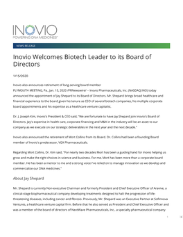 Inovio Welcomes Biotech Leader to Its Board of Directors