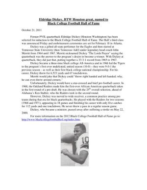 Eldridge Dickey, BTW Houston Great, Named to Black College Football Hall of Fame
