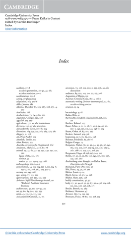 Cambridge University Press 978-1-107-08549-7 — Franz Kafka in Context Edited by Carolin Duttlinger Index More Information