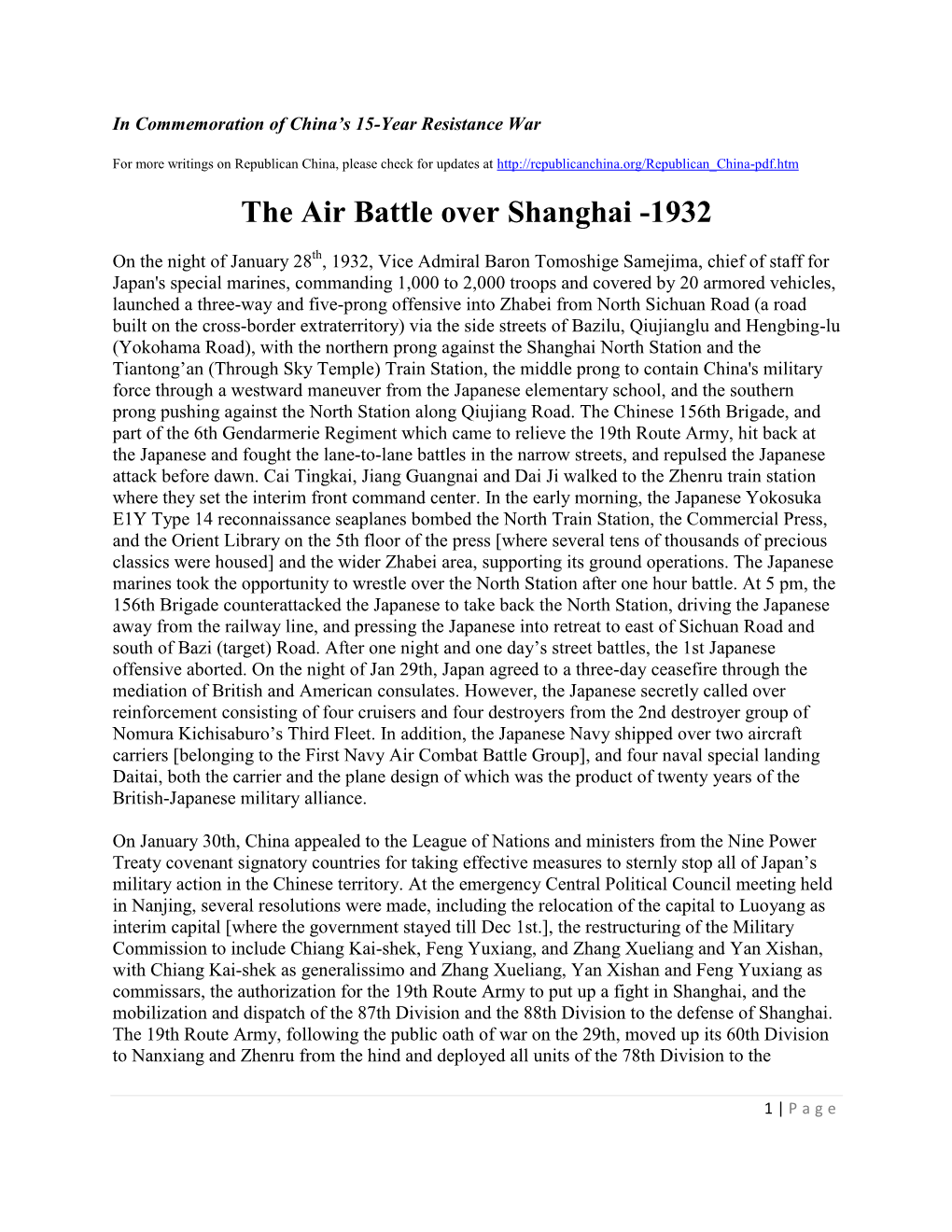 The Air Battle Over Shanghai -1932