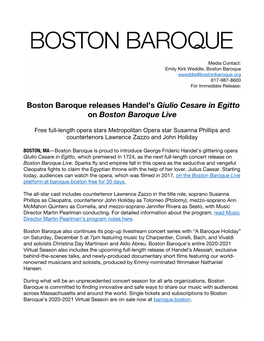 Boston Baroque Releases Handel's Giulio Cesare in Egitto on Boston Baroque Live