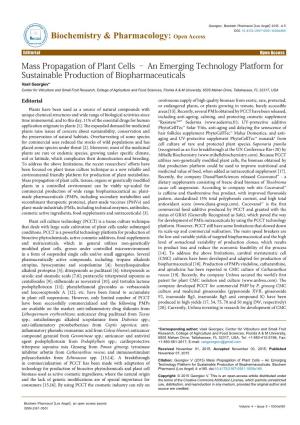 Mass Propagation of Plant Cells – an Emerging Technology Platform for Sustainable Production of Biopharmaceuticals