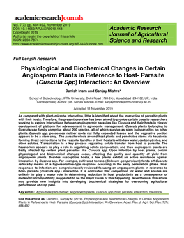 Physiological and Biochemical Changes in Certain Angiosperm Plants in Reference to Host- Parasite (Cuscuta Spp ) Interaction: an Overview