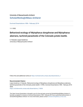 Behavioral Ecology of Myiopharus Doryphorae and Myiopharus Aberrans, Tachinid Parasitoids of the Colorado Potato Beetle