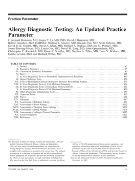 Allergy Diagnostic Testing: an Updated Practice Parameter I