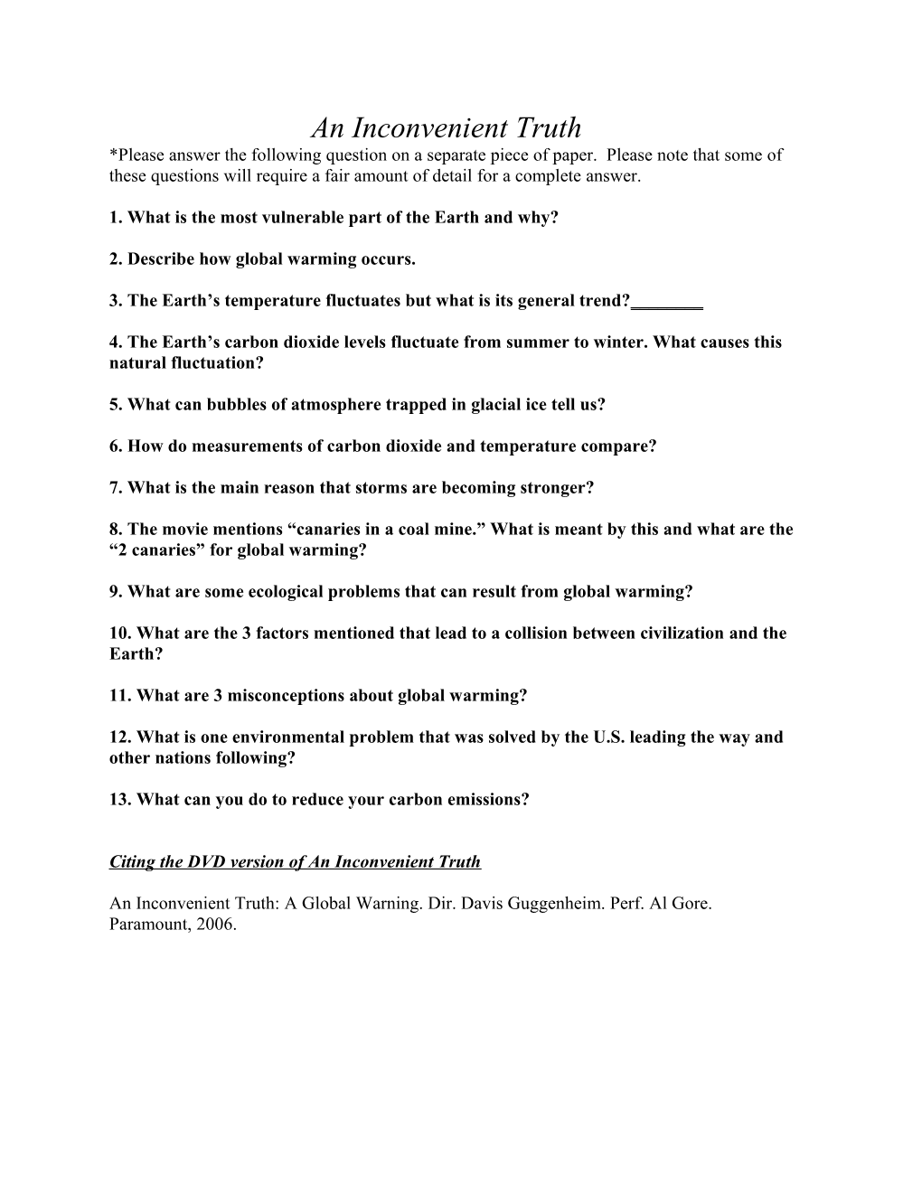 An Inconvenient Truth Worksheet