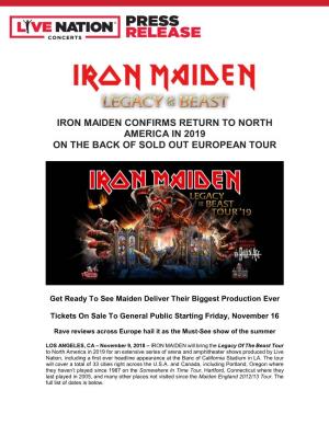 Iron Maiden Confirms Return to North America in 2019 on the Back of Sold out European Tour