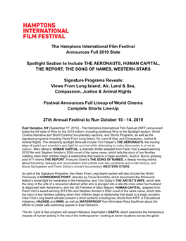 The Hamptons International Film Festival Announces Full 2019 Slate