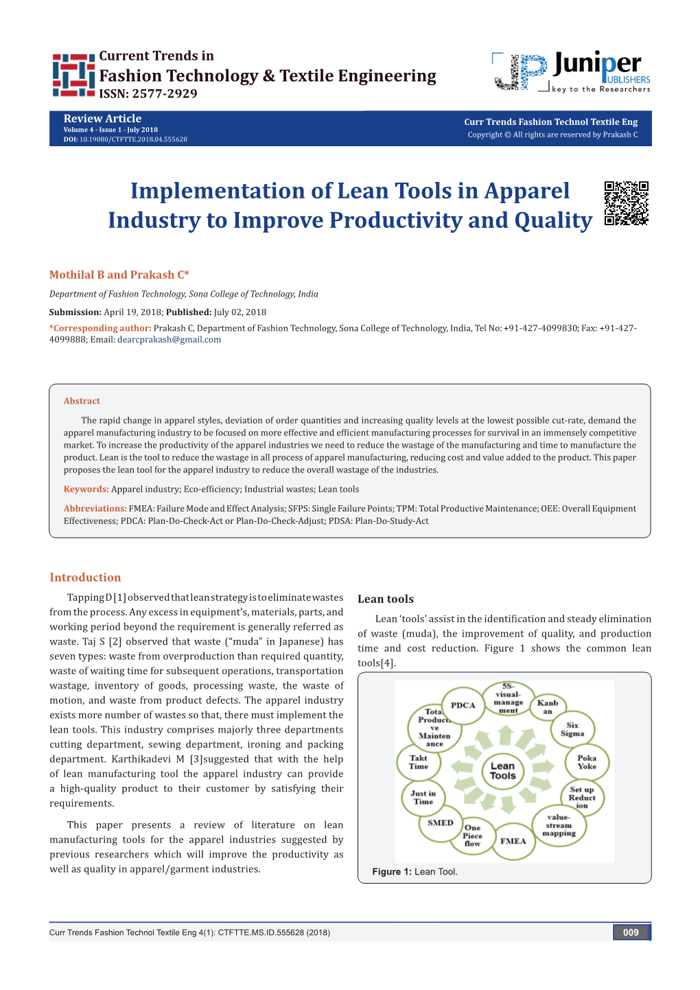 Implementation of Lean Tools in Apparel Industry to Improve Productivity and Quality