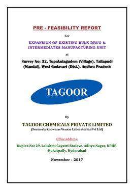 Tagoor Chemicals Private Limited Pre Feasibility Report