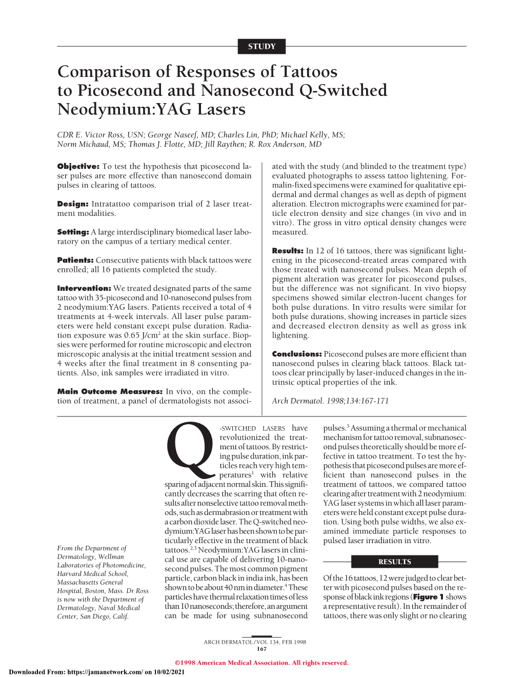 Comparison of Responses of Tattoos to Picosecond and Nanosecond Q-Switched Neodymium:YAG Lasers