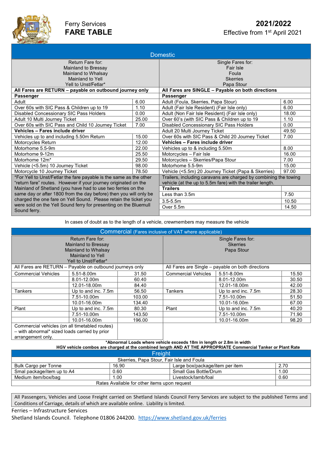 2021/2022 FARE TABLE Effective from 1St April 2021