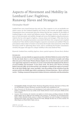 Aspects of Movement and Mobility in Lombard Law: Fugitives, Runaway Slaves and Strangers