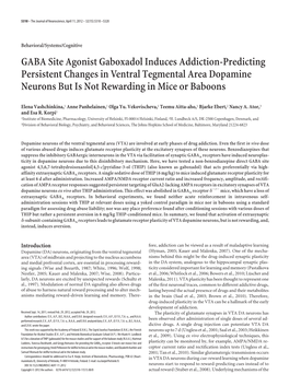 GABA Site Agonist Gaboxadol Induces Addiction-Predicting Persistent Changes in Ventral Tegmental Area Dopamine Neurons but Is Not Rewarding in Mice Or Baboons