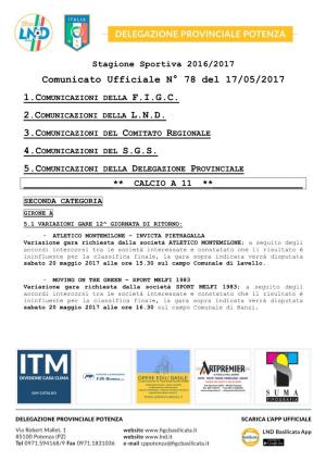 Comunicato Ufficiale N° 78 Del 17/05/2017