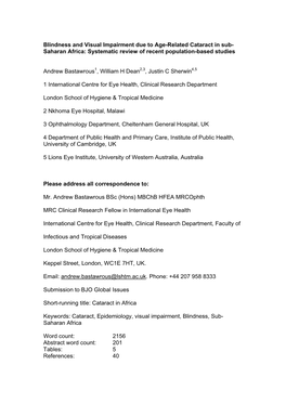 Blindness and Visual Impairment Due to Age-Related Cataract in Sub- Saharan Africa: Systematic Review of Recent Population-Based Studies