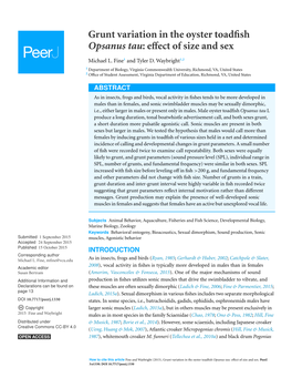 Grunt Variation in the Oyster Toadfish Opsanus Tau: Effect of Size and Sex