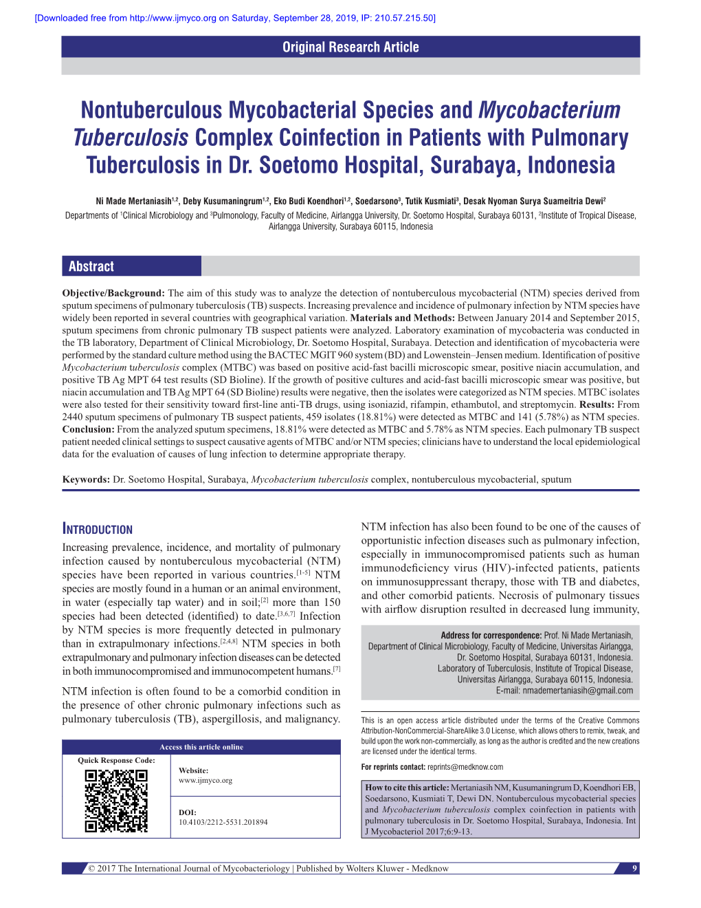 Nontuberculous Mycobacterial Species and Mycobacterium Tuberculosis Complex Coinfection in Patients with Pulmonary Tuberculosis in Dr