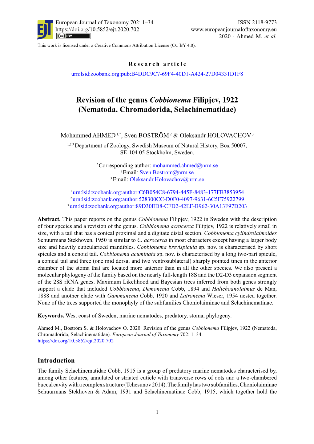 Revision of the Genus Cobbionema Filipjev, 1922 (Nematoda, Chromadorida, Selachinematidae)