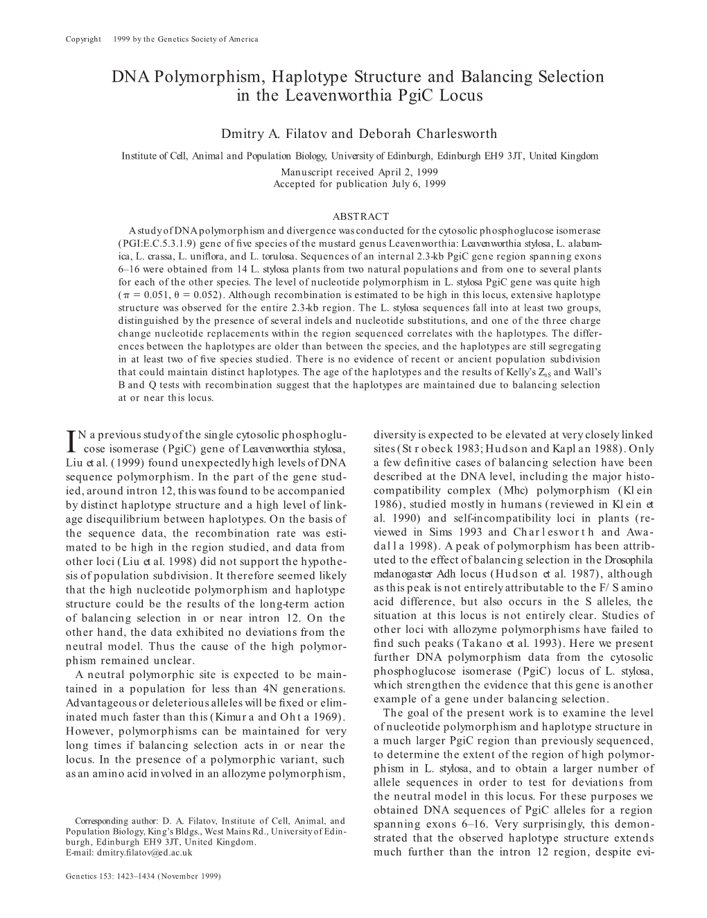 DNA Polymorphism, Haplotype Structure and Balancing Selection in the Leavenworthia Pgic Locus