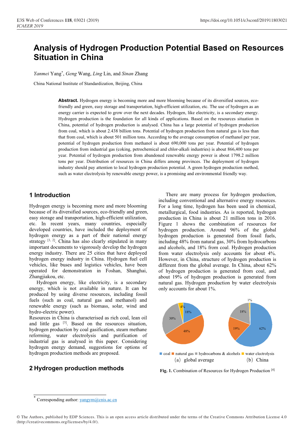 Analysis of Hydrogen Production Potential Based on Resources Situation in China