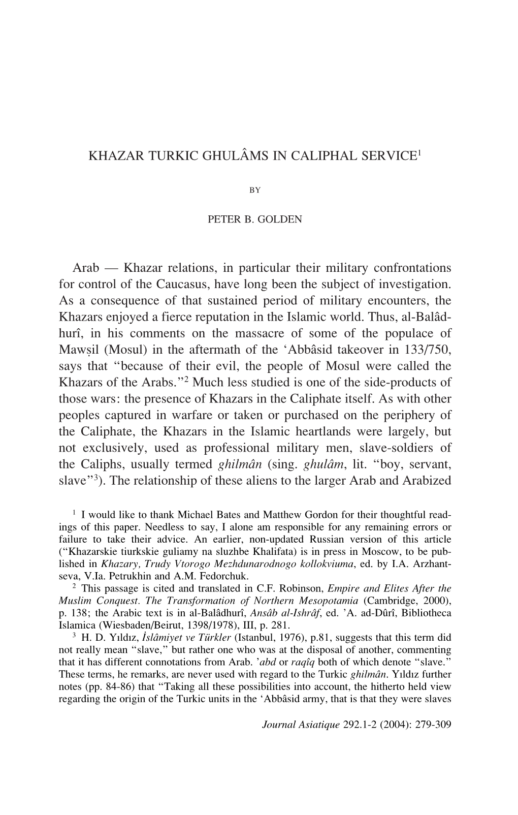 KHAZAR TURKIC GHULÂMS in CALIPHAL SERVICE1 Arab