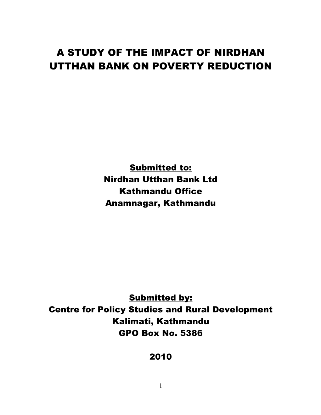 A Study of the Impact of Nirdhan Utthan Bank on Poverty Reduction
