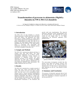 Transformation of Pyroxene to Akimotoite (Mgsio 3- Ilmenite) in NWA 5011 L6 Chondrite