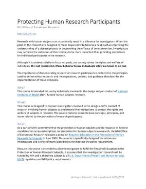 Protecting Human Research Participants NIH Office of Extramural Research Introduction