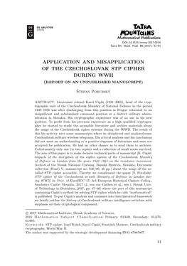 Application and Misapplication of the Czechoslovak Stp Cipher During Wwii (Report on an Unpublished Manuscript)