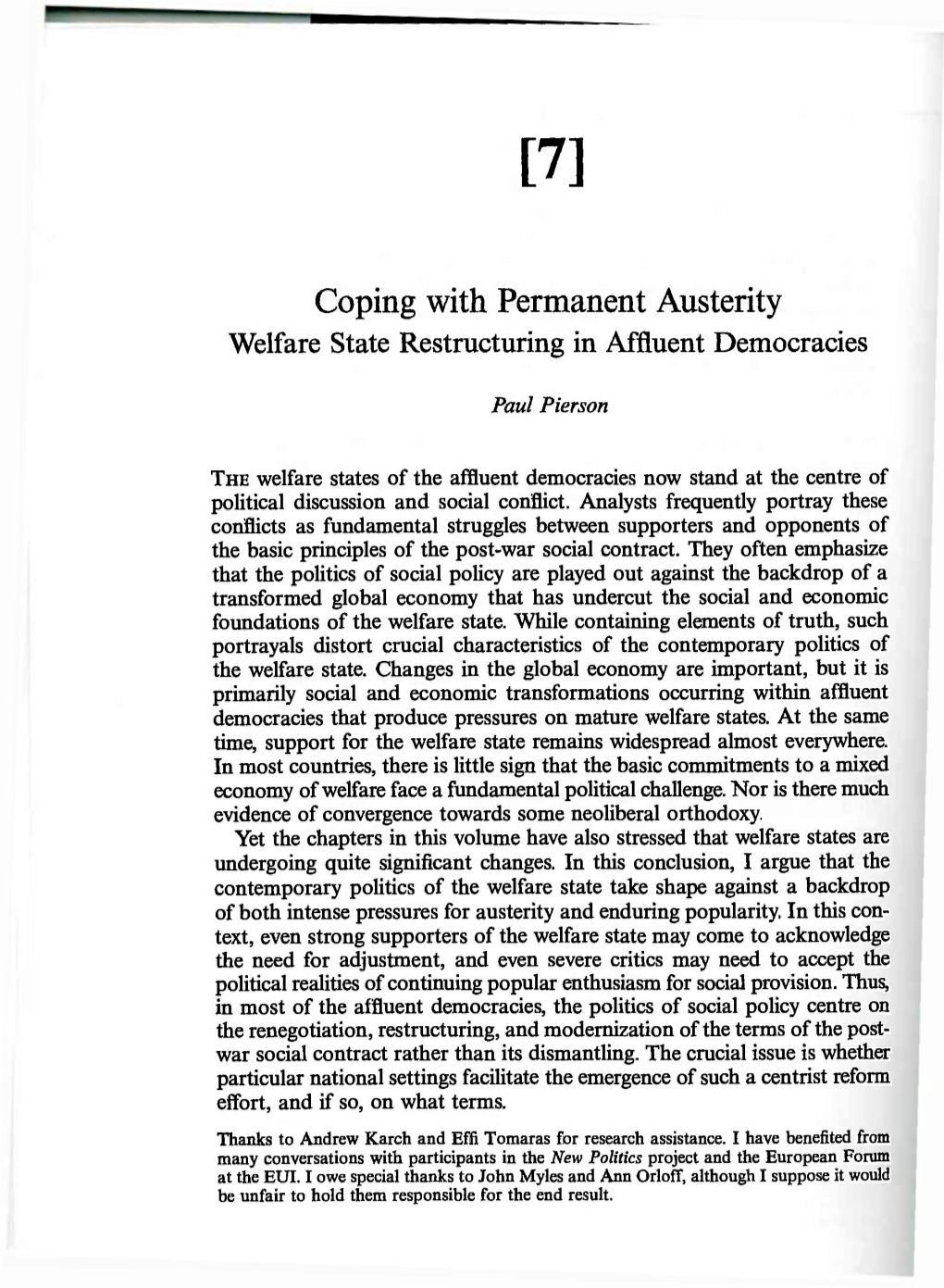Coping with Permanent Austerity Welfare State Restructuring in Affluent Democracies Paul Pierson