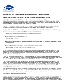 Euronet and NTC Form Cashnet, an Electronic Funds Transfer Network