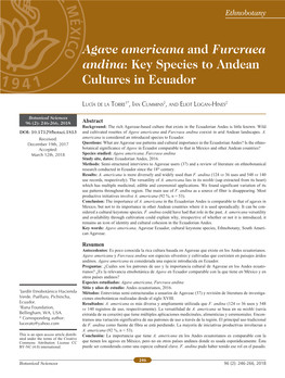 Agave Americana and Furcraea Andina: Key Species to Andean Cultures in Ecuador