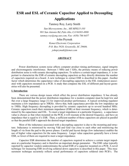 ESR and ESL of Ceramic Capacitor Applied to Decoupling Applications