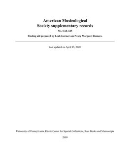 American Musicological Society Supplementary Records Ms