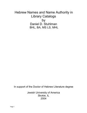 Hebrew Names and Name Authority in Library Catalogs by Daniel D