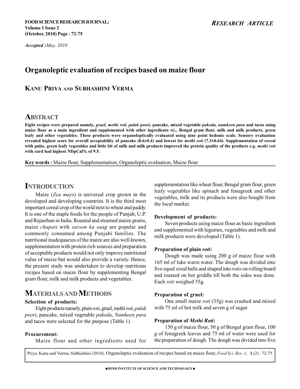 Organoleptic Evaluation of Recipes Based on Maize Flour