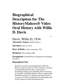 Davis, Willie D, 1934- Alternative Names: Willie D