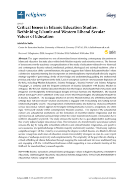 Critical Issues in Islamic Education Studies: Rethinking Islamic and Western Liberal Secular Values of Education