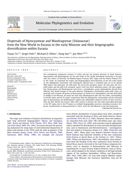 Solanaceae) from the New World to Eurasia in the Early Miocene and Their Biogeographic Diversiﬁcation Within Eurasia ⇑ ⇑⇑ Tieyao Tu A,1, Sergei Volis B, Michael O