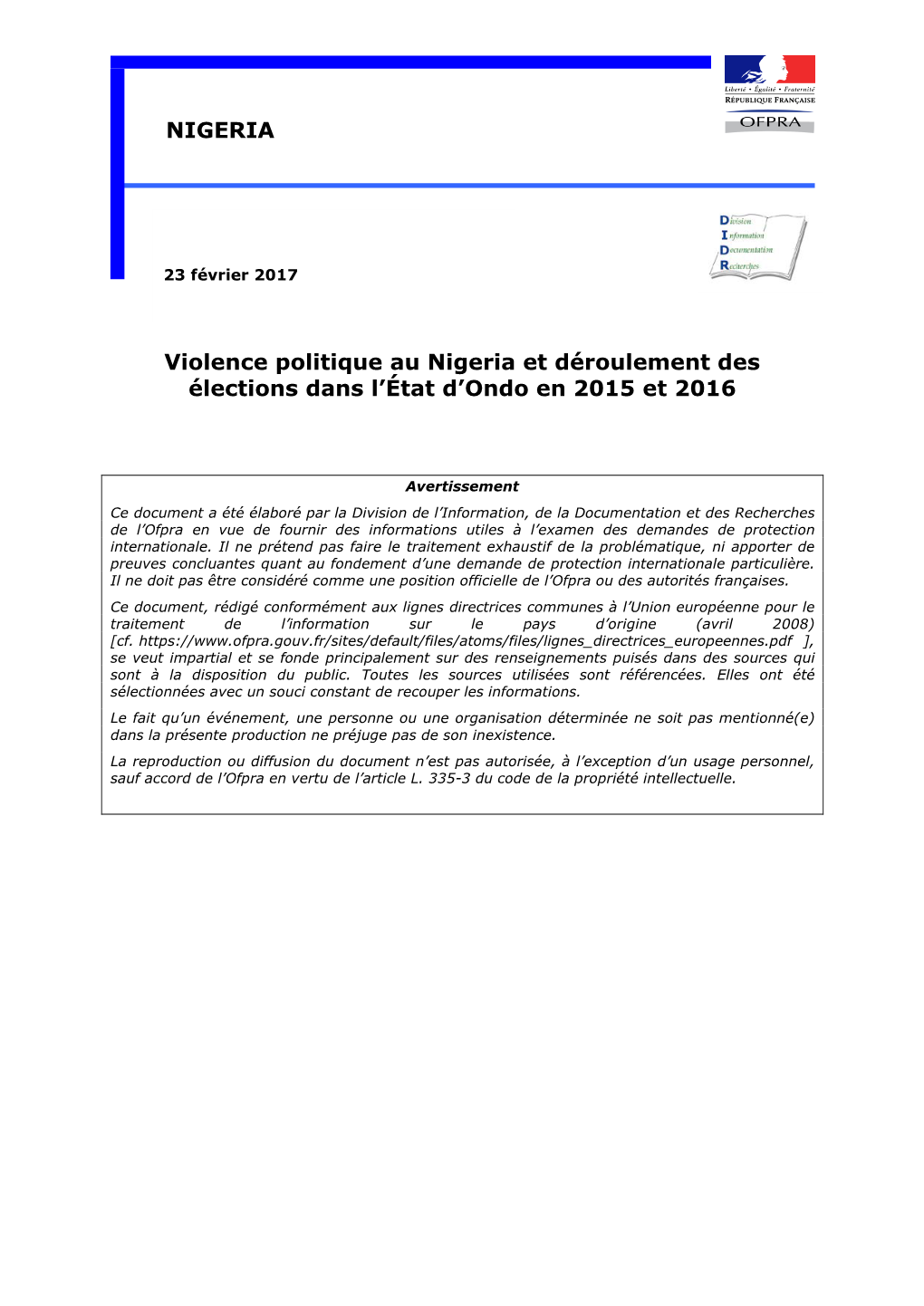 Violence Politique Au Nigeria Et Déroulement Des Élections Dans L'état D'ondo En 2015 Et 2016 NIGERIA