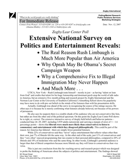 Extensive National Survey on Politics and Entertainment Reveals