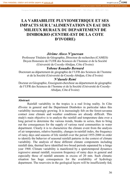 La Variabilite Pluviometrique Et Ses Impacts Sur L’Alimentation En Eau Des Milieux Ruraux Du Departement De Dimbokro (Centre-Est De La Cote D’Ivoire)