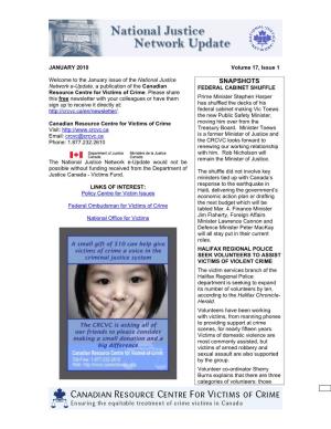 SNAPSHOTS Network E-Update, a Publication of the Canadian FEDERAL CABINET SHUFFLE Resource Centre for Victims of Crime