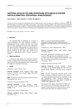 Additional Notes on the Some Aphrophorid Spittlebugs of Eastern Anatolia (Hemiptera: Cercopoidea: Aphrophoridae)*