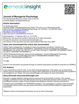 The Job Demands‐Resources Model: State of the Art", Journal of Managerial Psychology, Vol