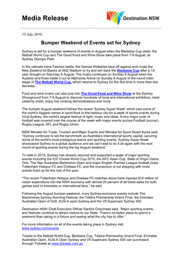 Media Release: Bumper Weekend of Events Set for Sydney