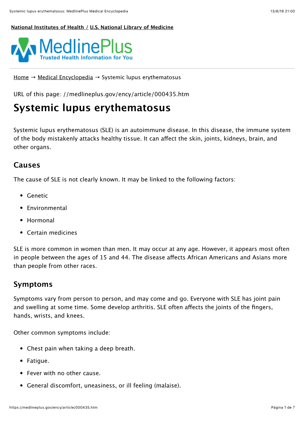 Systemic Lupus Erythematosus: Medlineplus Medical Encyclopedia 13/8/19 21:00