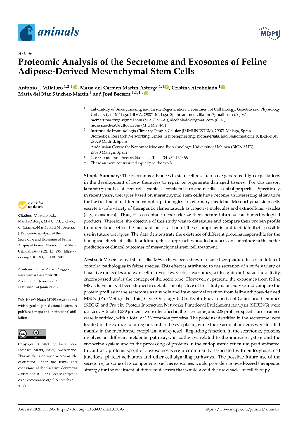 Proteomic Analysis of the Secretome and Exosomes of Feline Adipose-Derived Mesenchymal Stem Cells