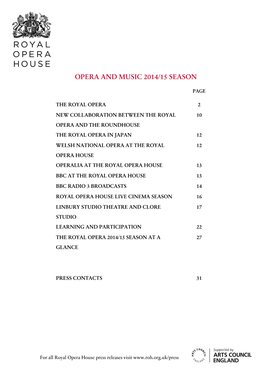 Opera and Music 2014/15 Season